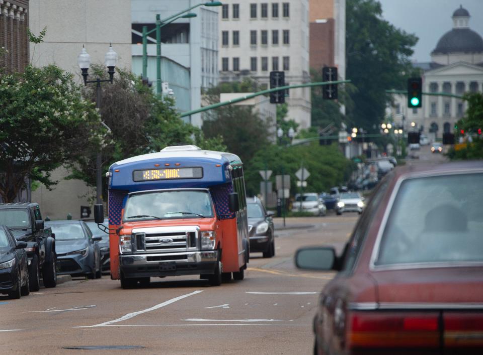A JATRAN vehicle moves west on Capitol Street in Jackson on Friday, May 17, 2024. Although there was a JTRAN strike threat, buses were on the road Friday morning. The JTRAN website reported no delays.