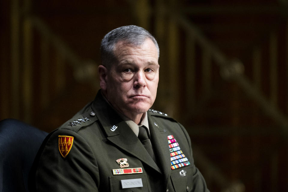 Army Gen. James Dickinson, commander of the Space Command, during a Senate hearing on March 8, 2022. (Bill Clark / CQ-Roll Call via AP file)