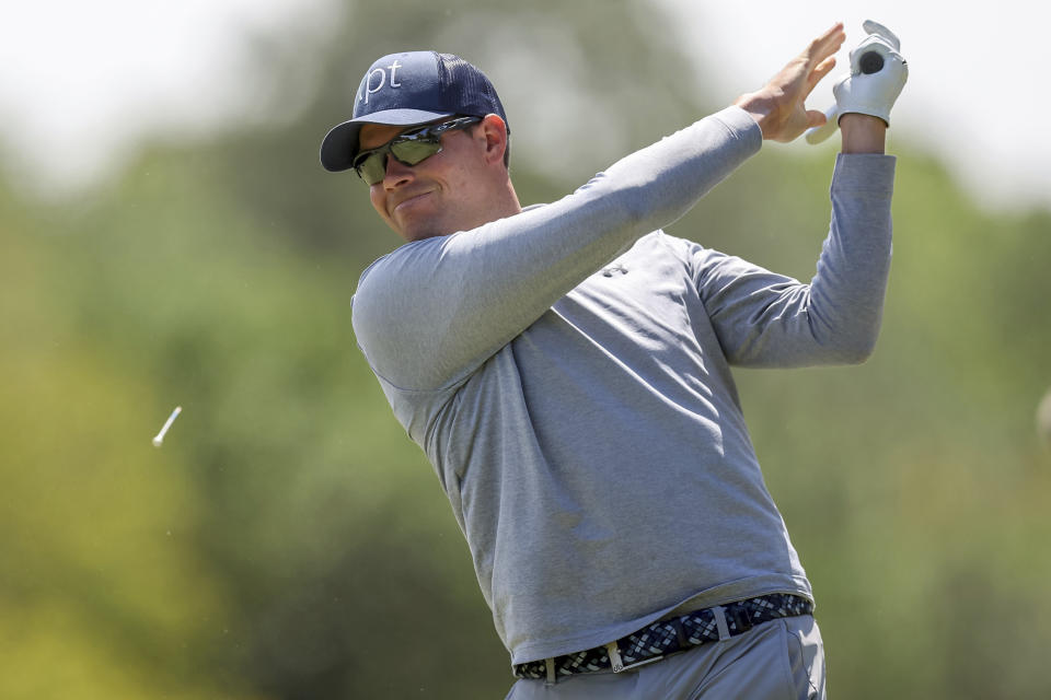 Adam Schenk tees off on the second hole during the final round of the Valspar Championship golf tournament Sunday, March 19, 2023, at Innisbrook in Palm Harbor, Fla. (AP Photo/Mike Carlson)