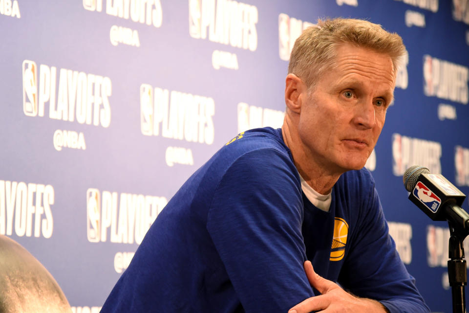 LOS ANGELES, CA - APRIL 26: Head Coach Steve Kerr of the Golden State Warriors speaks to the media after Game Six of Round One against the LA Clippers during the 2019 NBA Playoffs on April 26, 2019 at STAPLES Center in Los Angeles, California. NOTE TO USER: User expressly acknowledges and agrees that, by downloading and/or using this photograph, user is consenting to the terms and conditions of the Getty Images License Agreement. Mandatory Copyright Notice: Copyright 2019 NBAE (Photo by Andrew D. Bernstein/NBAE via Getty Images)