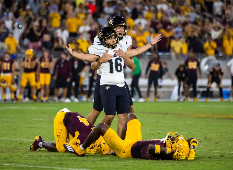 Colorado kicker Alejandro Mata (16) celebrates his game-winning field goal against Arizona State.