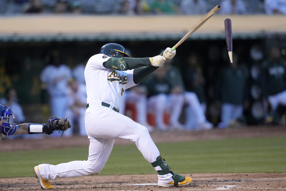 Oakland Athletics' Seth Brown breaks his bat flying out during the third inning of a baseball game against the Kansas City Royals in Oakland, Calif., Monday, Aug. 21, 2023. (AP Photo/Jeff Chiu)