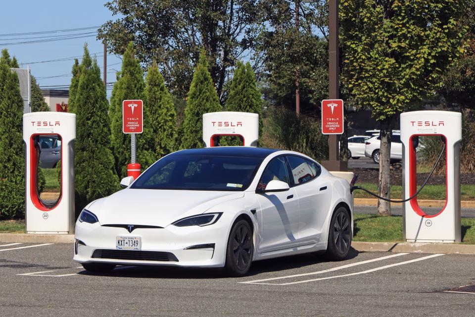 A Tesla Model S at a charging station in New York.