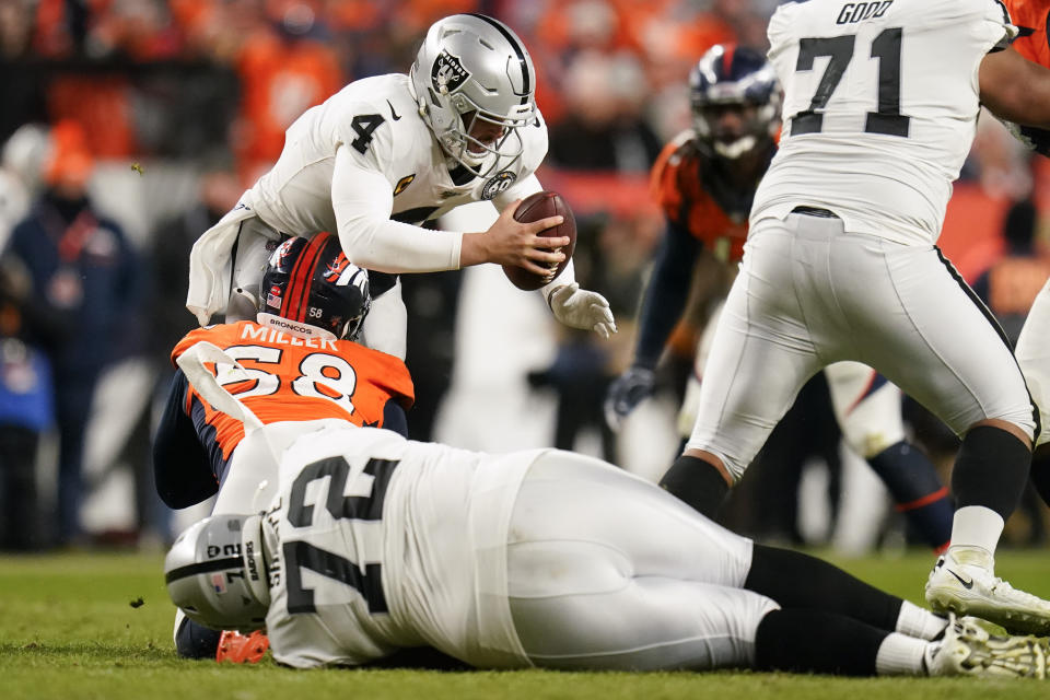 Oakland Raiders quarterback Derek Carr, above, is sacked by Denver Broncos outside linebacker Von Miller during the second half of an NFL football game Sunday, Dec. 29, 2019, in Denver. (AP Photo/Jack Dempsey)