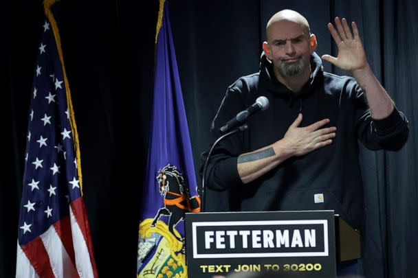 PHOTO: Lieutenant Governor of Pennsylvania and Democratic U.S. Senate candidate John Fetterman speaks to supporters during a campaign rally at Temple University on October 29, 2022 in Philadelphia, Pennsylvania. (Alex Wong/Getty Images)