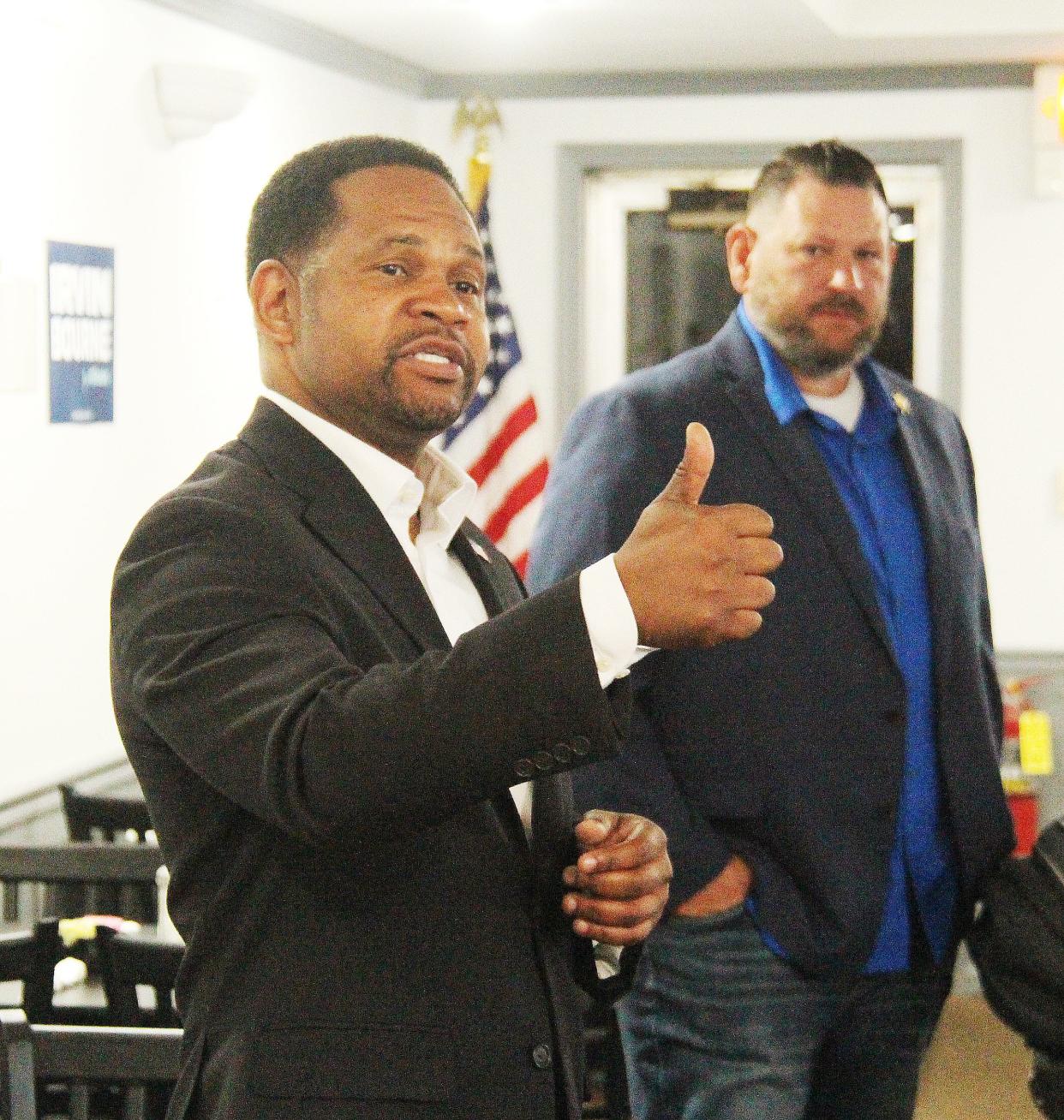 Aurora Mayor and Republican candidate for governor Richard Irvin speaks to the audience at a gathering at Pontiac Family Restaurant Saturday morning. Looking on is Livingston County Sheriff Jeff Hamilton.
