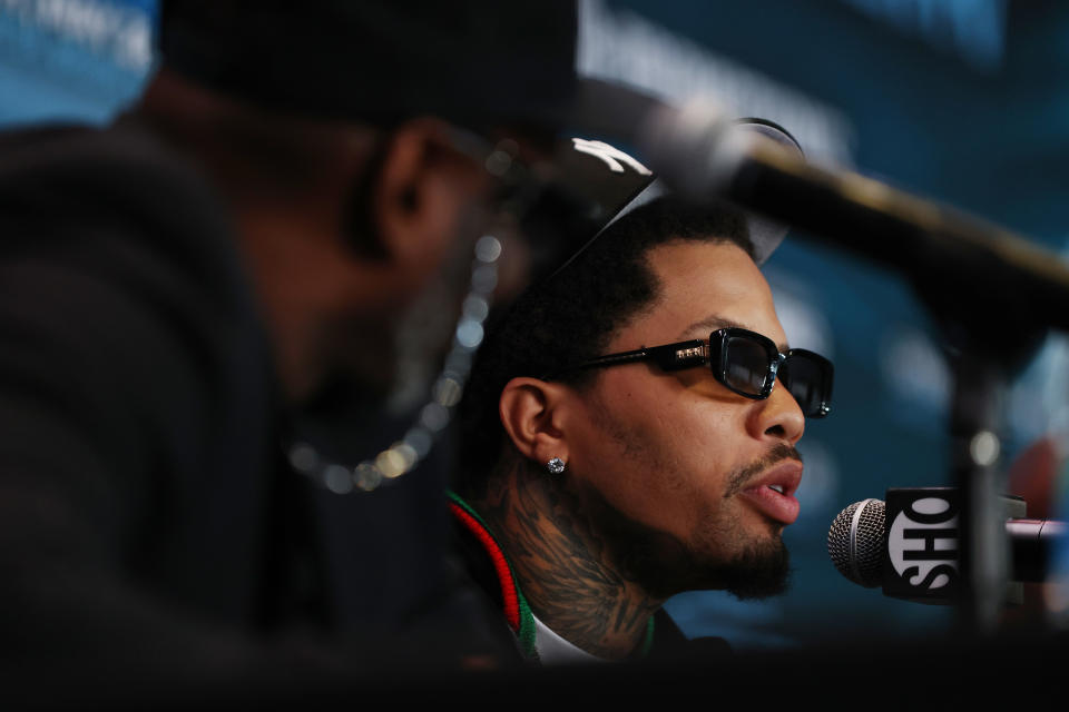 BROOKLYN, NEW YORK - APRIL 07: Gervonta Davis answers questions during a press conference at Barclays Center on April 07, 2022 in Brooklyn, New York. (Photo by Mike Stobe/Getty Images)