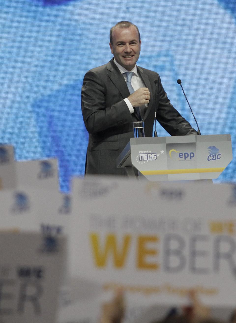 Germany's Manfred Weber of the European People's Party addresses the audience at the Bulgaria's GERB ruling Party rally in Sofia, Bulgaria, Sunday, May 19, 2019. The rally comes days before more than 400 million Europeans from 28 countries will head to the polls to choose lawmakers to represent them at the European Parliament for the next five years. (AP Photo/Valentina Petrova)