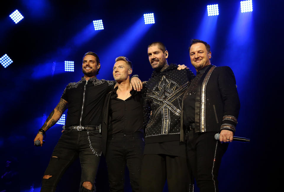 LONDON, ENGLAND - FEBRUARY 07: (EDITORIAL USE ONLY) (L-R) Keith Duffy, Ronan Keating, Shane Lynch and Mikey Graham of Boyzone perform live on stage during the 'Thank you and Goodnight Farewell Tour' at The O2 Arena on February 07, 2019 in London, England. (Photo by Simone Joyner/Getty Images)