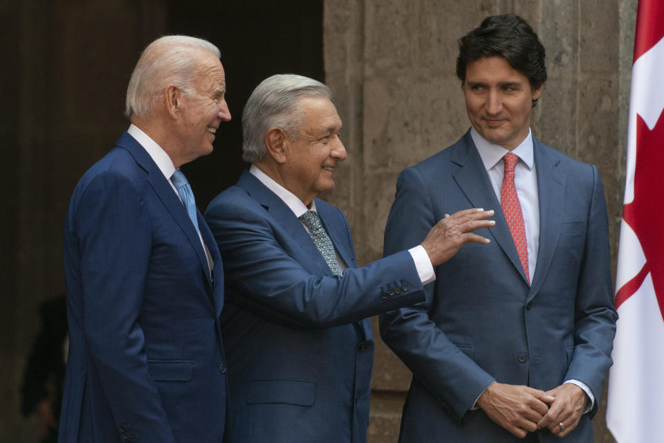 President Joe Biden, Mexican President Andres Manuel Lopez Obrador, and Canadian Prime Minister Justin Trudeau meet at the 10th North American Leaders' Summit at the National Palace in Mexico City, Mexico, Tuesday, Jan. 10, 2023. (AP Photo/Andrew Harnik)