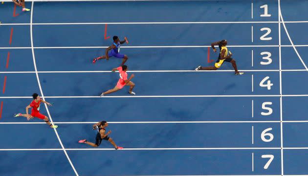 Usain Bolt races toward the finish line for his ninth Olympic gold. (Photo: Fabrizio Bensch / Reuters)