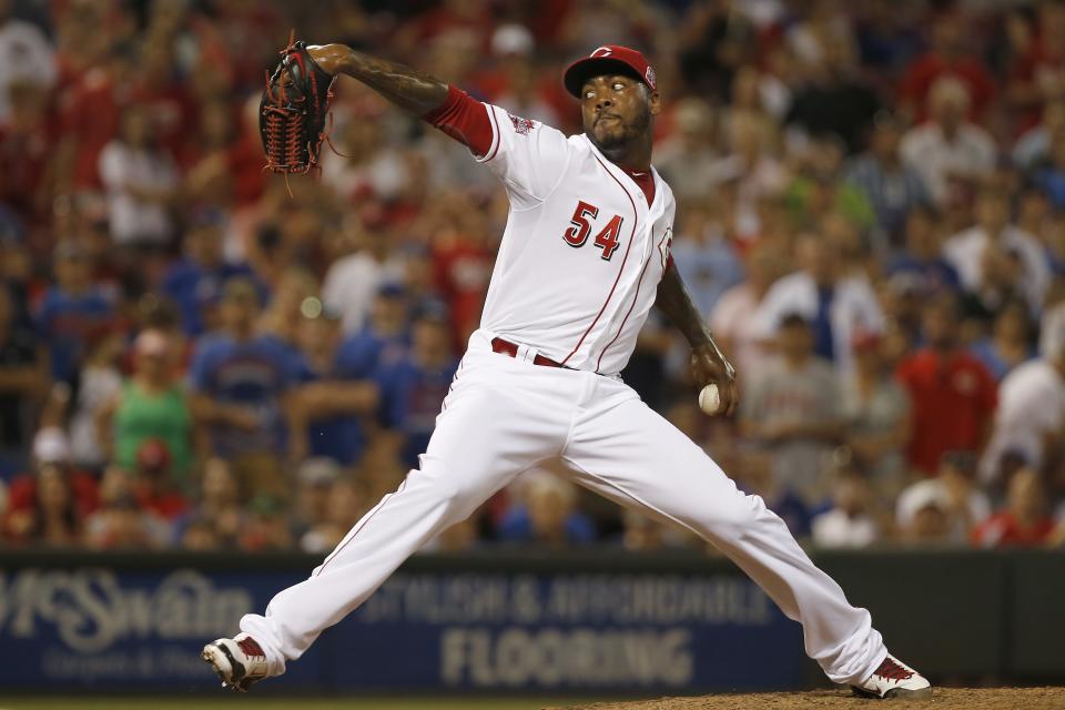 Aroldis Chapman pitching for the Reds in 2015. Will the Reds try to bring him back at the trade deadline?