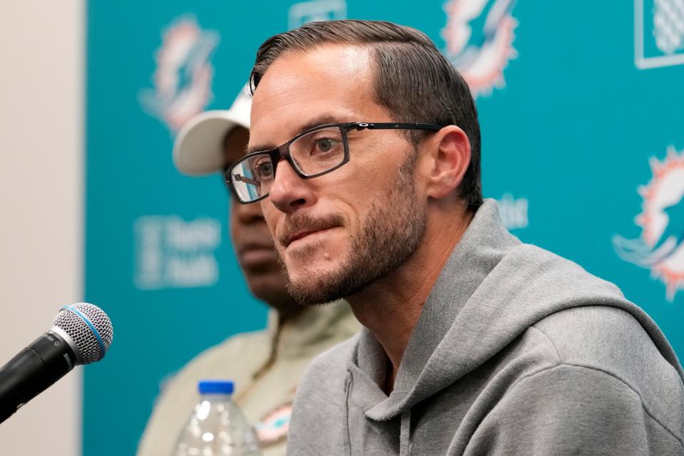 Miami Dolphins head coach Mike McDaniel listens to a question during a news conference at the NFL football team's training facility, Monday, Jan. 16, 2023, in Miami Gardens, Fla. (AP Photo/Lynne Sladky)