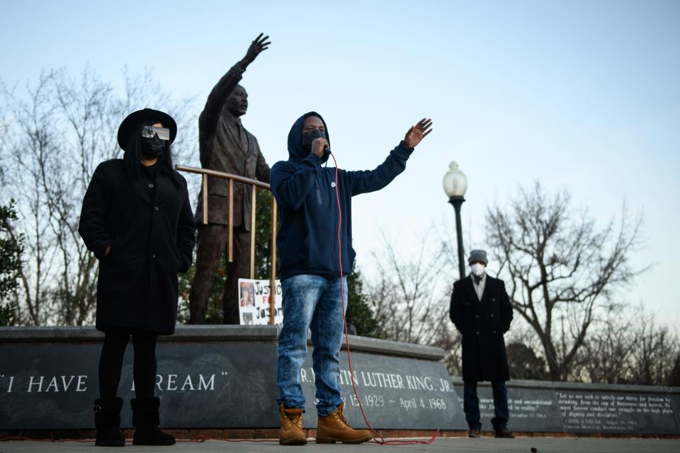 Family members of Jason Walker speak at a Justice for Jason Walker rally at MLK Memorial Park on Monday, Jan. 17, 2022. Walker, 37, was shot and killed on Saturday, Jan. 8, by an off-duty Cumberland County Sheriff's deputy.