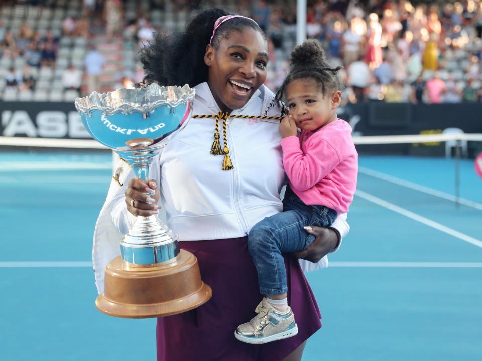 Serena Williams with her daughter Alexis Olympia after winning the women's singles final at the Auckland Classic tennis tournament, 12 January 2020: Photo by MICHAEL BRADLEY/AFP via Getty Images