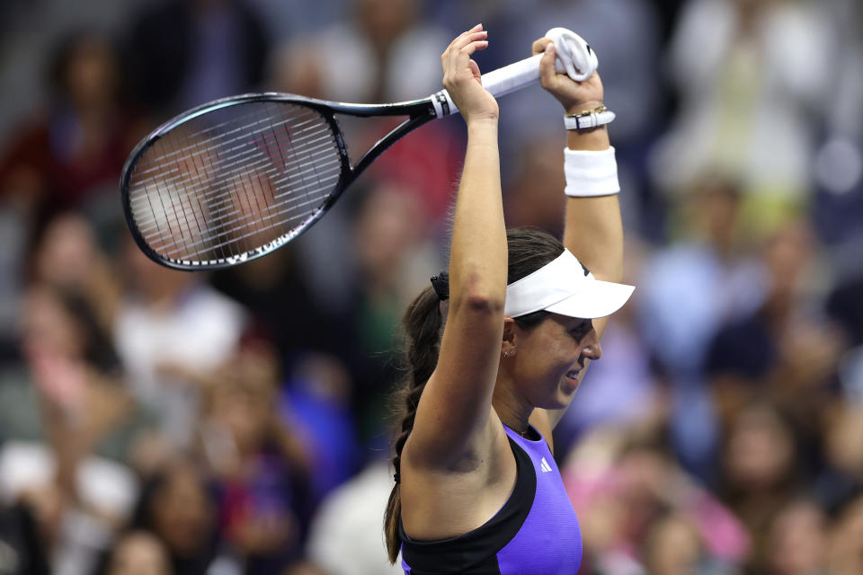 NEW YORK, NEW YORK - SEPTEMBER 05: Jessica Pegula of the United States celebrates match point against Karolina Muchova of the Czech Republic during their Women's Singles Semifinal match on Day Eleven of the 2024 US Open at USTA Billie Jean King National Tennis Center on September 05, 2024 in the Flushing neighborhood of the Queens borough of New York City. (Photo by Luke Hales/Getty Images)