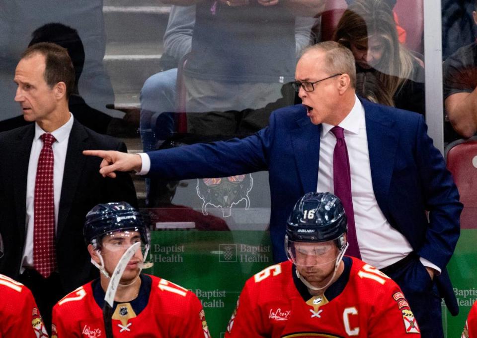 Florida Panthers Head Coach Paul Maurice talks to his players during the third period of Game 5 of Round 1 of the Stanley Cup Playoffs on Monday, April 29, 2024, at Amerant Bank Arena in Sunrise, Fla. The Florida Panthers won 6-1 and won the series.
