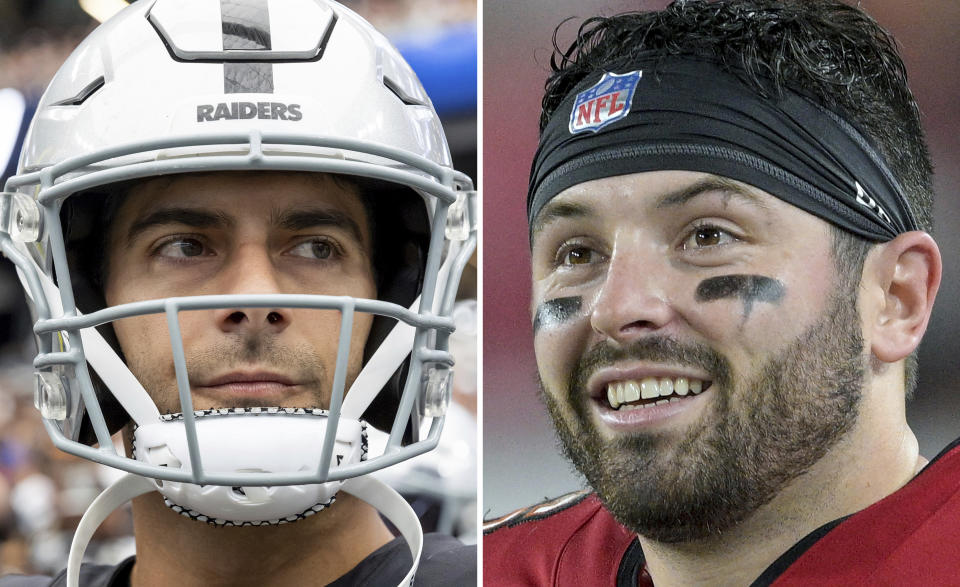 FILE - At left is Las Vegas Raiders quarterback Jimmy Garoppolo in 2024. At right is Tampa Bay Buccaneers quarterback Baker Mayfield in 2023. Garoppolo struggled once he got on the field throwing nine INTs in six starts before being benched. Mayfield delivered with a career-high 28 TD passes to lead the Bucs to a division title and a playoff win. (AP Photo/File)