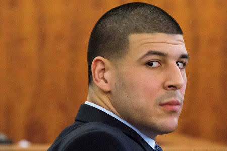 Aaron Hernandez looks at the gallery during his murder trial in Fall River, Massachusetts. The former New England Patriots football star hanged himself in the jail cell where he was serving a life sentence for murder. REUTERS/Dominick Reuter