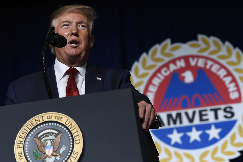 President Donald Trump speaks at the American Veterans (AMVETS) 75th National Convention in Louisville, Ky., Wednesday, Aug. 21, 2019. (AP Photo/Susan Walsh)