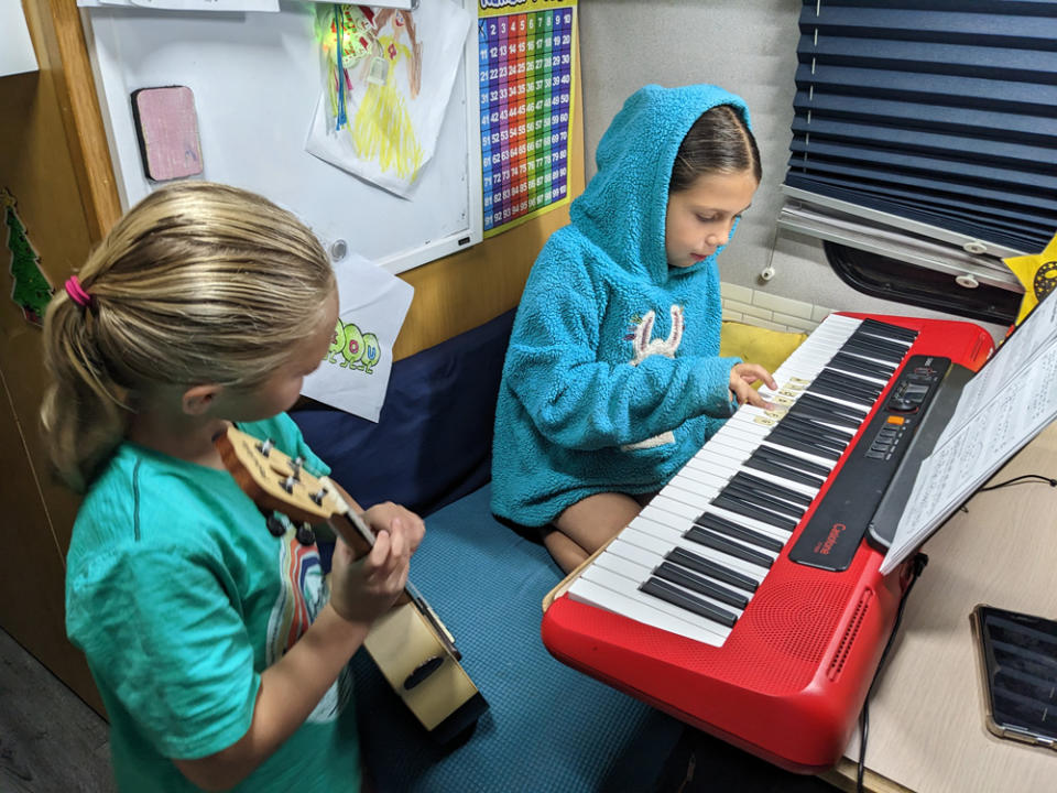 After years on the road, Eloise Ridley, right, convinced her parents to enroll her and her sister Eliza in a traditional public school. They entered a Colorado elementary school last fall. (Emma Ridley)