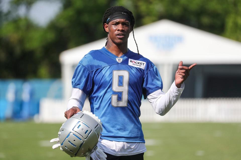 Detroit Lions wide receiver Jameson Williams walks off the field after practice during training camp at the Detroit Lions Headquarters and Training Facility in Allen Park on Sunday, July 23, 2023.