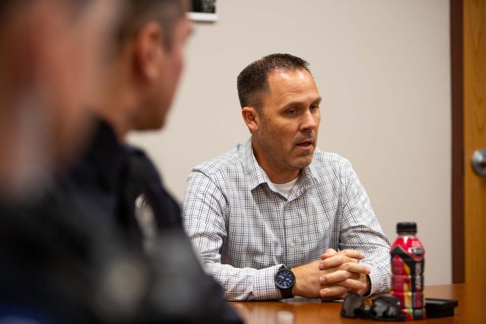 Safety coordinator Jason Yaeger speaks to members of the media at Sunset Hills Elementary School on Nov. 30, 2023.