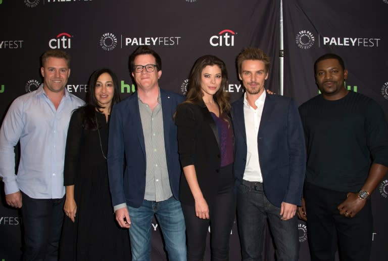 (L-R) Executive producers John Rickard, Jennifer Gwartz and Jeremy Carver, actors Peyton List, Riley Smith and Mekhi Phifer attend the screening of CW "Frequency" at the PaleyFest fall TV previews