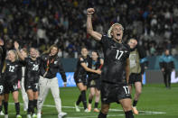 New Zealand's Hannah Wilkinson celebrates at the end of the Women's World Cup soccer match between New Zealand and Norway in Auckland, New Zealand, Thursday, July 20, 2023. New Zealand won the match 1-0. (AP Photo/Andrew Cornaga)