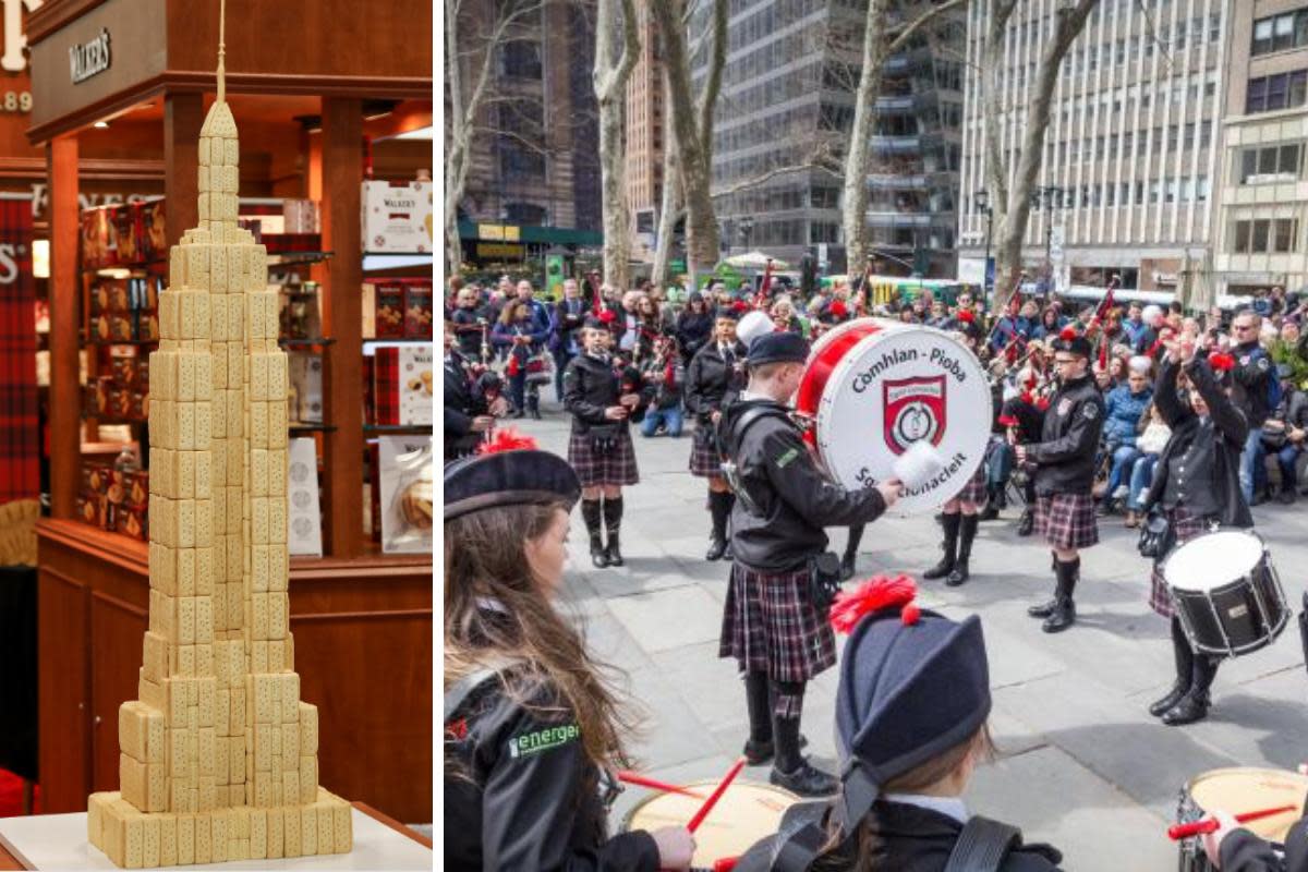 A band plays at a parade in New York to mark Tartan Week, and Walker's Shortbread's Empire State Building model <i>(Image: Archive/Instagram)</i>