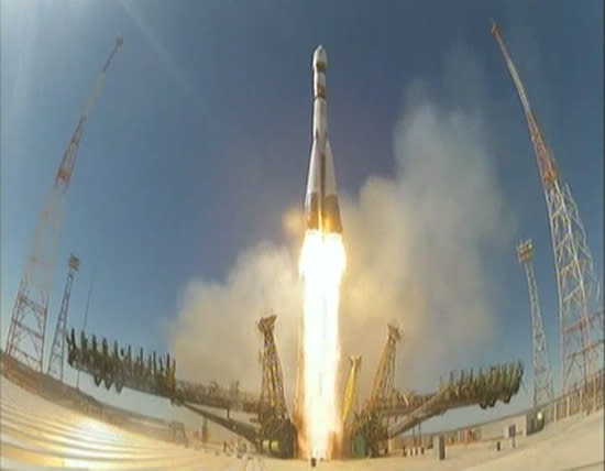 A Russian Soyuz rocket launches the Bion-M1 animal-carrying space capsule into orbit from Baikonur Cosmodrome, Kazakhstan on April 19, 2013.