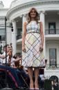 <p>Trump's colorful Mary Katrantzou dress, which she wore to the Congressional Picnic, would become the focus of another fashion-related controversy over Labor Day weekend. <a href="http://www.cosmopolitan.com/politics/a12182380/melania-trump-labor-day-tweet/" rel="nofollow noopener" target="_blank" data-ylk="slk:Her husband tweeted;elm:context_link;itc:0;sec:content-canvas" class="link ">Her husband tweeted</a> a photo of the two of them from the picnic, writing, "We are building our future with American hands, American labor, American iron, aluminum and steel." The issue? The striped, $2,255 dress the First Lady posed in was <a href="https://www.huffingtonpost.com/entry/melania-italian-dress_us_59ae9db9e4b0b5e53100c668?utm_medium=email&utm_campaign=__Lifestyle__090517&utm_content=__Lifestyle__090517+Version+A+CID_4ca78893a8b0e2285017752951808951&utm_source=Email%20marketing%20software&ncid=newsltushpmglifestyle__Lifestyle__090517" rel="nofollow noopener" target="_blank" data-ylk="slk:made in Italy;elm:context_link;itc:0;sec:content-canvas" class="link ">made in Italy</a>.</p>