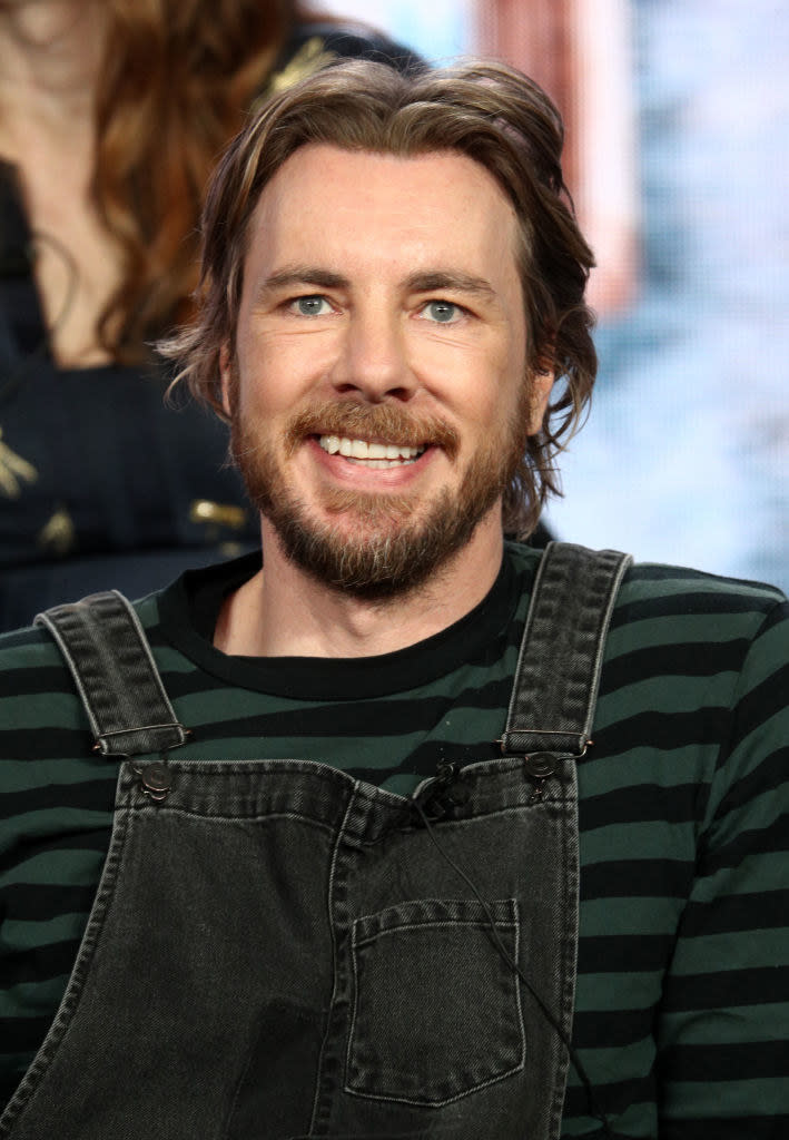 during a television appearance, Dax wears a striped shirt and overalls