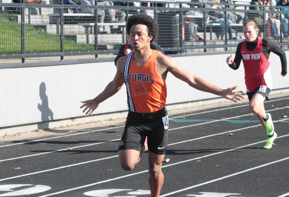 Rasean O'Tey of Sturgis is the leader for the 100 dash for the county seedings.