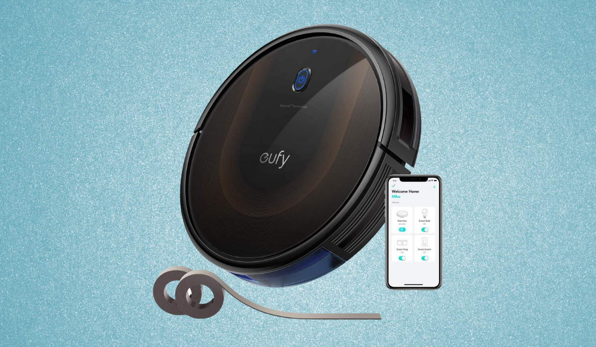 A black robot vacuum with 