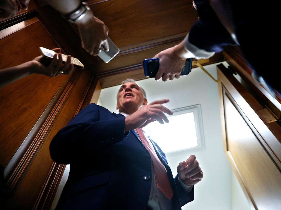 WASHINGTON, DC - AUGUST 12: House Minority Leader Kevin McCarthy (R-CA) talks to reporters after attending the swearing-in of Rep. Brad Finstad (R-MN) at the U.S. Capitol on August 12, 2022 in Washington, DC. Finstad won a special election in Minnesota to replace former Rep. Jim Hagedorn (R-MN) who died in January of COVID-19. (Photo by Chip Somodevilla/Getty Images)