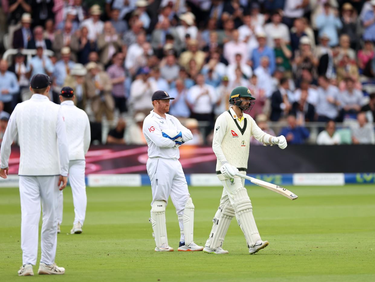 The injured Nathan Lyon has limped out as Australia’s last batter (Getty Images)