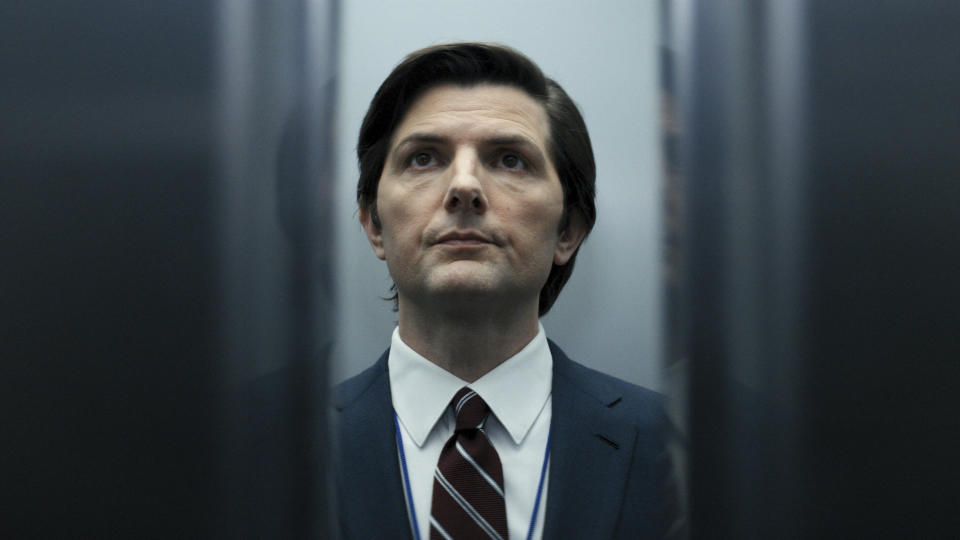 This image released by Apple TV+ shows Adam Scott in a scene from "Severance." Scott was nominated for an Emmy Award for best lead actor in a drama series. (Apple TV+ via AP)