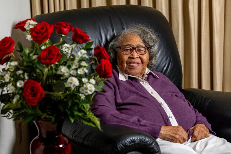 Activist and educator Nancy Dawkins strikes a pose at her home in Miami, Florida, on Friday October 13, 2023. Dawkins celebrated her 100th birthday on October 11, 2023.