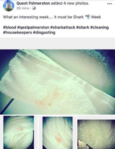 A Darwin Hotel has come under fire after it shared images of a guest’s bloodied sheets and towels on social media. Source: Facebook