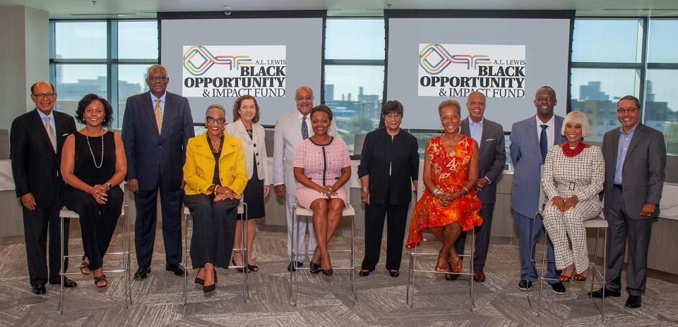 Some of the A.L. Lewis fund founding members: Joe Louis Barrow (from left), Branita Mann, J.D. Staton, Johnnetta B. Cole, Nina Waters, U.S. District Judge Brian Davis, Wanda Willis, Velma Monteiro-Tribble, Carol Alexander, Gregory Owens, Darnell Smith, Dr. Atiya Abdelmalik and Dr. Floyd B. Willis.