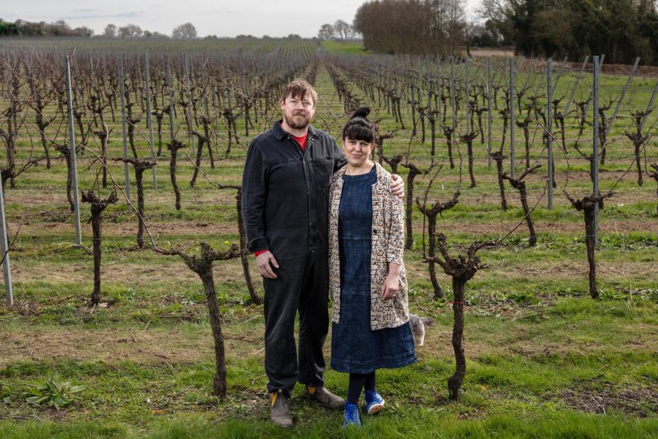 <span>Winemaker Adrian Pike with his wife, Galia, in their Kent vineyard, which has never had frost.</span><span>Photograph: Justin Sutcliffe</span>