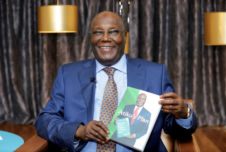 FILE PHOTO: Nigeria's main opposition party presidential candidate Atiku Abubakar attends an interview with Reuters in Lagos, Nigeria January 16, 2019. REUTERS/Temilade Adelaja/File Photo