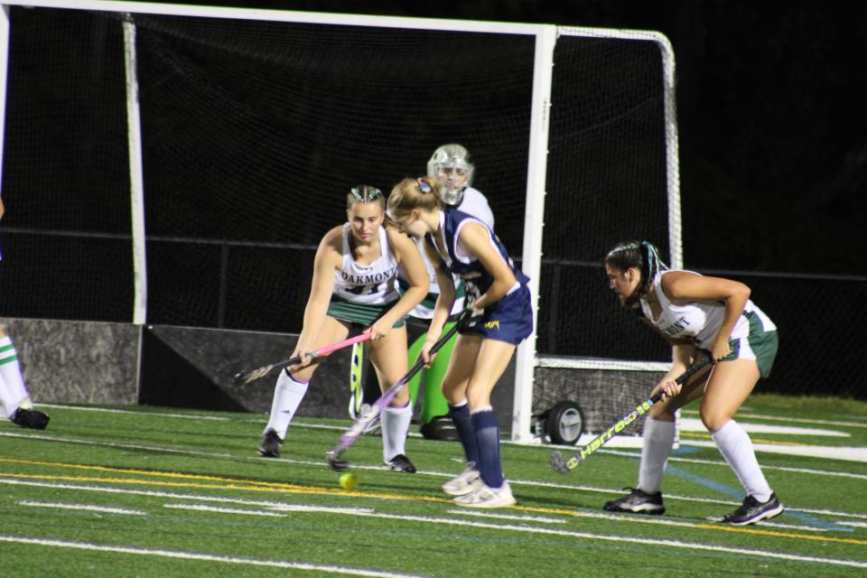 Quabbin's Annabelle Magill attempts to take a shot on net past Oakmont defenders on Oct. 2, 2023.