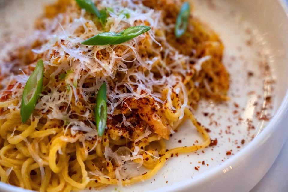 Granchio spaghetti alla chimaera is one many dishes served at Bar Medici. It features spaghetti with snow crab, crab bisque sauce, scallion, Aleppo pepper and Grana Padano.