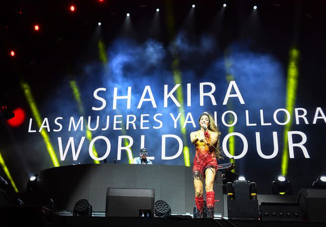 <p>VALERIE MACON/AFP via Getty</p> Shakira announces her world tour at Coachella on April 12, 2024