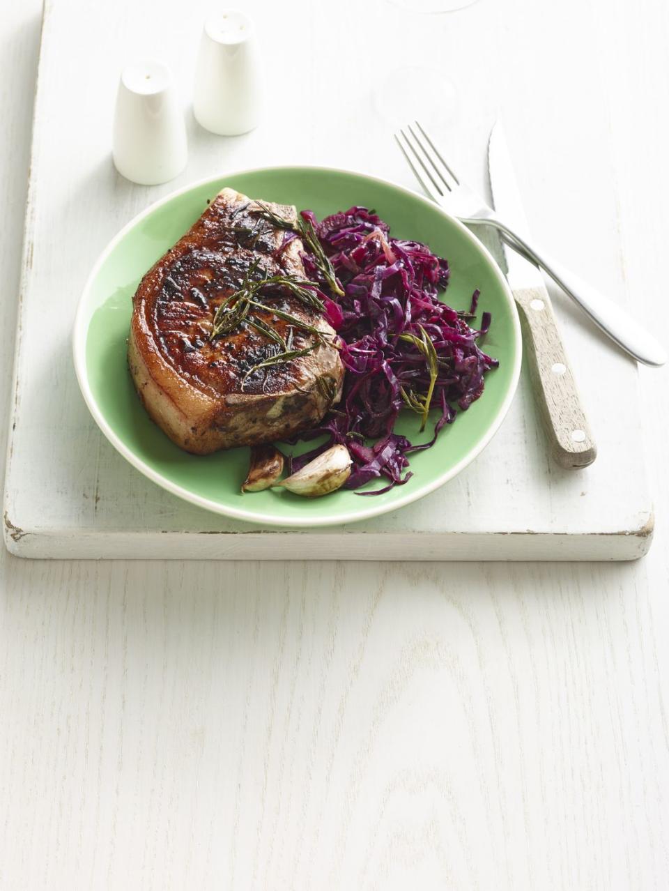 Rosemary Skillet Pork Chops with Quick Braised Cabbage