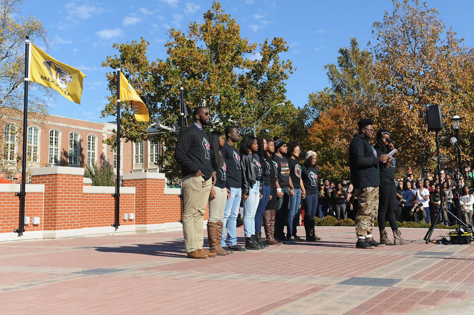 COLUMBIA, MO - NOVEMBER 9: Members of the Concerned Student 1950 movement speak to the crowd of students on the campus of University of Missouri - Columbia on November 9, 2015 in Columbia, Missouri. Students celebrate the resignation of University of Missouri System President Tim Wolfe amid allegations of racism. (Photo by Michael B. Thomas/Getty Images)