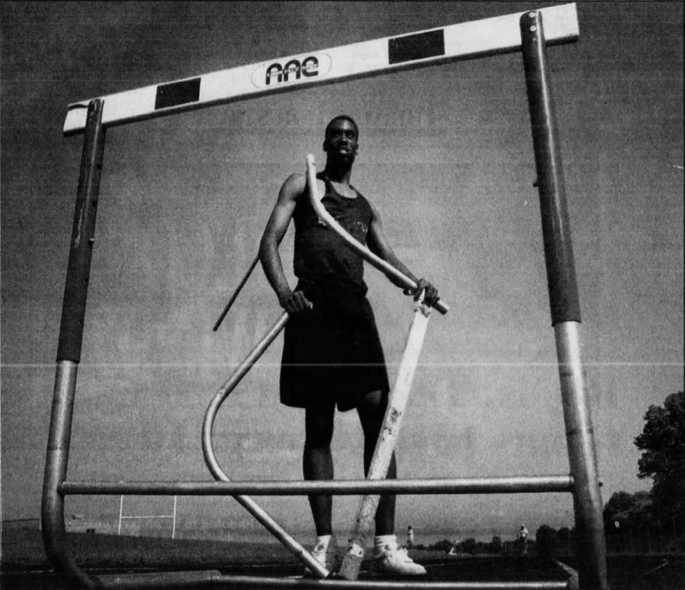 Alonzo Wiggins of William Penn poses for a portrait. Wiggins beat Ukee Washington's 300 hurdles state record -- at the time the oldest track record in Delaware -- at the county championships in 1993. He has remained the record holder ever since.