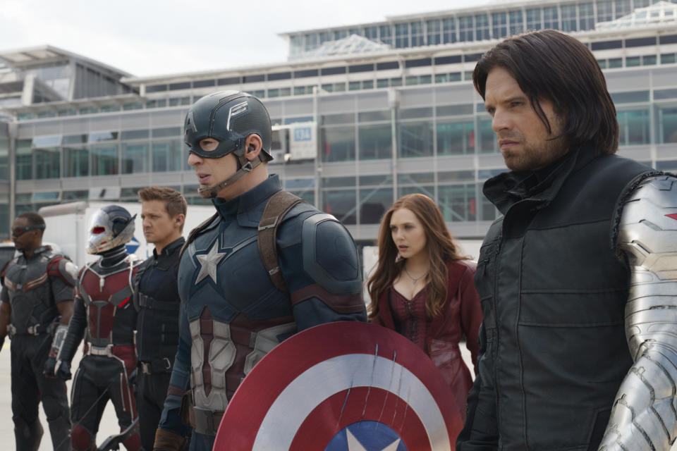 Marvel's Captain America: Civil WarL to R: Falcon/Sam Wilson (Anthony Mackie), Ant-Man/Scott Lang (Paul Rudd), Hawkeye/Clint Barton (Jeremy Renner), Captain America/Steve Rogers (Chris Evans), Scarlet Witch/Wanda Maximoff (Elizabeth Olsen) and Winter Soldier/Bucky Barnes (Sebastian Stan)Photo Credit: Film Frame© Marvel 2016